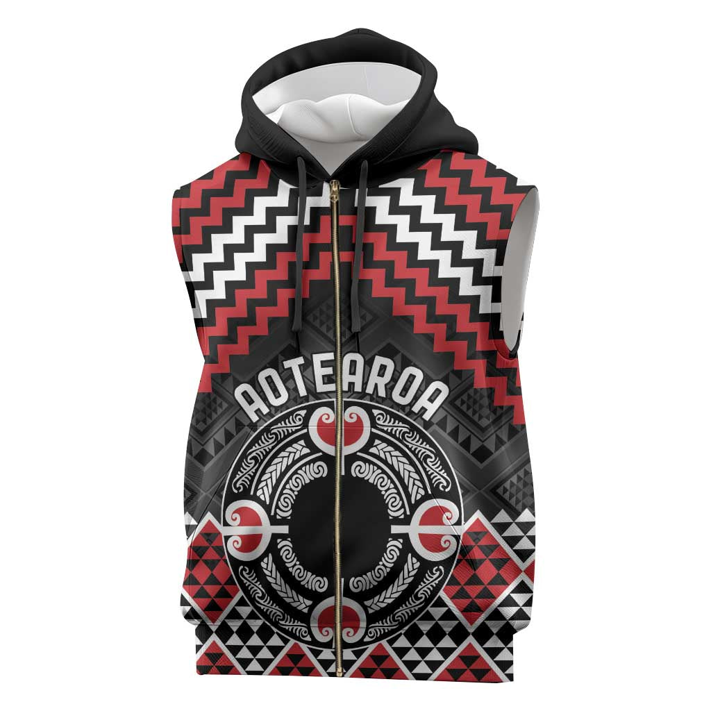 Personalised Aotearoa Niho Taniwha Motif Sleeveless Zip Hoodie Red Style - Polynesian Pride