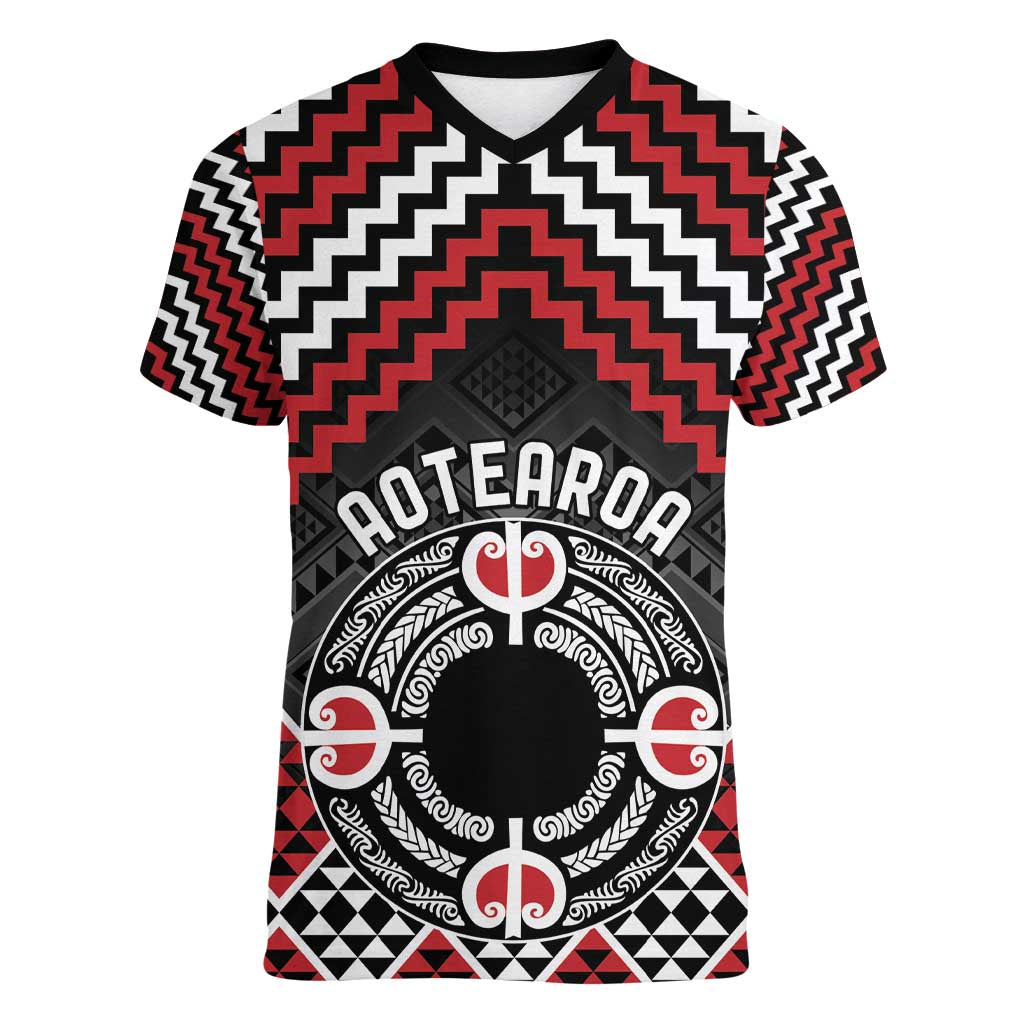 Personalised Aotearoa Niho Taniwha Motif Women V-Neck T-Shirt Red Style
