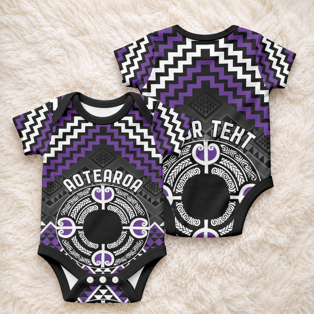 Personalised Aotearoa Niho Taniwha Motif Baby Onesie Violet Style LT9 - Polynesian Pride