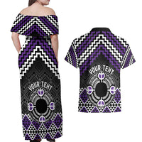 Personalised Aotearoa Niho Taniwha Motif Couples Matching Off Shoulder Maxi Dress and Hawaiian Shirt Violet Style