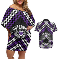 Personalised Aotearoa Niho Taniwha Motif Couples Matching Off Shoulder Short Dress and Hawaiian Shirt Violet Style