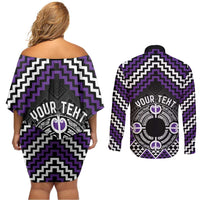 Personalised Aotearoa Niho Taniwha Motif Couples Matching Off Shoulder Short Dress and Long Sleeve Button Shirt Violet Style
