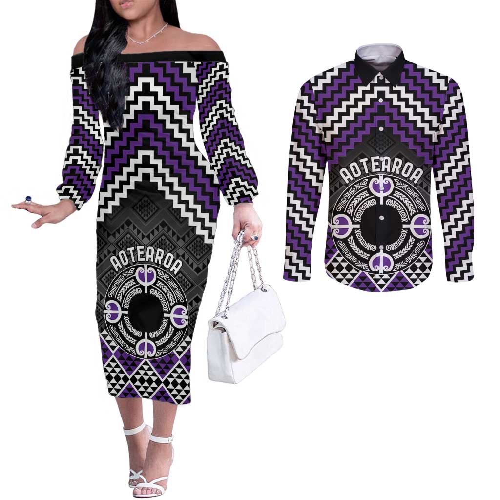 Personalised Aotearoa Niho Taniwha Motif Couples Matching Off The Shoulder Long Sleeve Dress and Long Sleeve Button Shirt Violet Style LT9 Violet - Polynesian Pride