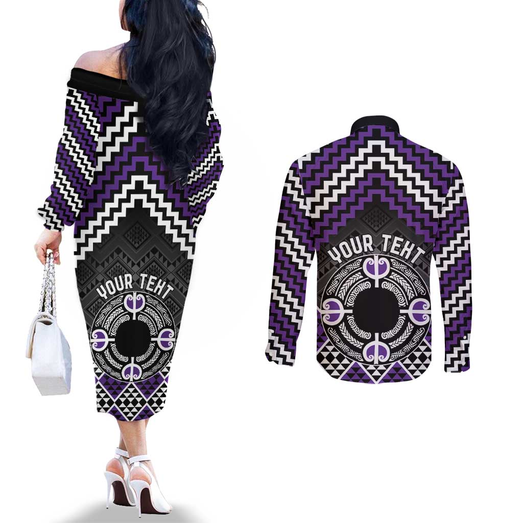 Personalised Aotearoa Niho Taniwha Motif Couples Matching Off The Shoulder Long Sleeve Dress and Long Sleeve Button Shirt Violet Style LT9 - Polynesian Pride
