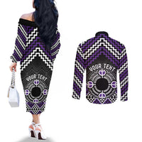 Personalised Aotearoa Niho Taniwha Motif Couples Matching Off The Shoulder Long Sleeve Dress and Long Sleeve Button Shirt Violet Style LT9 - Polynesian Pride