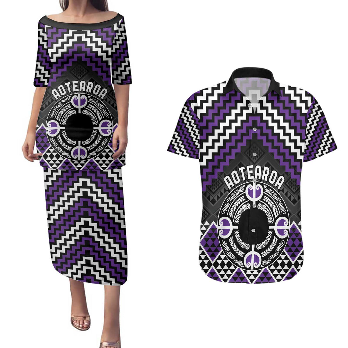 Personalised Aotearoa Niho Taniwha Motif Couples Matching Puletasi and Hawaiian Shirt Violet Style