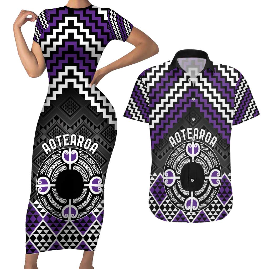Personalised Aotearoa Niho Taniwha Motif Couples Matching Short Sleeve Bodycon Dress and Hawaiian Shirt Violet Style