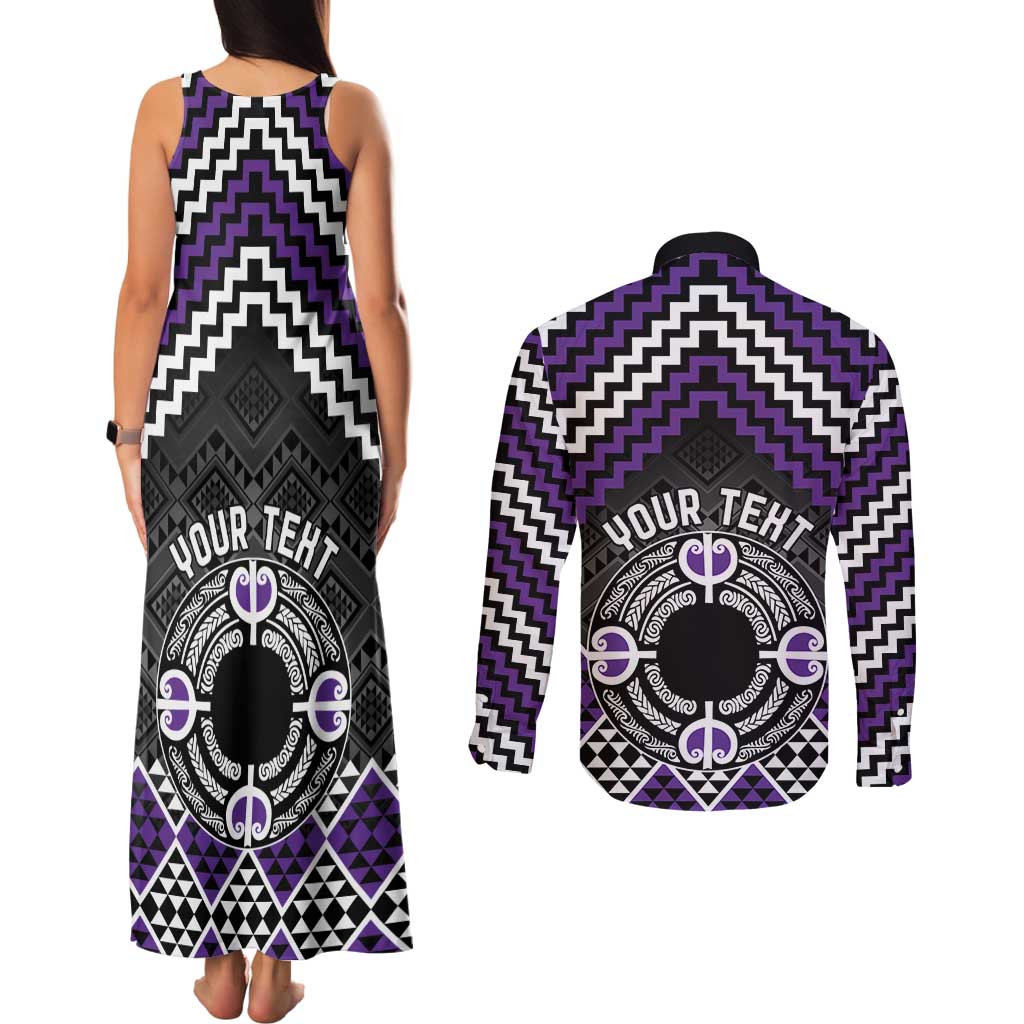 Personalised Aotearoa Niho Taniwha Motif Couples Matching Tank Maxi Dress and Long Sleeve Button Shirt Violet Style