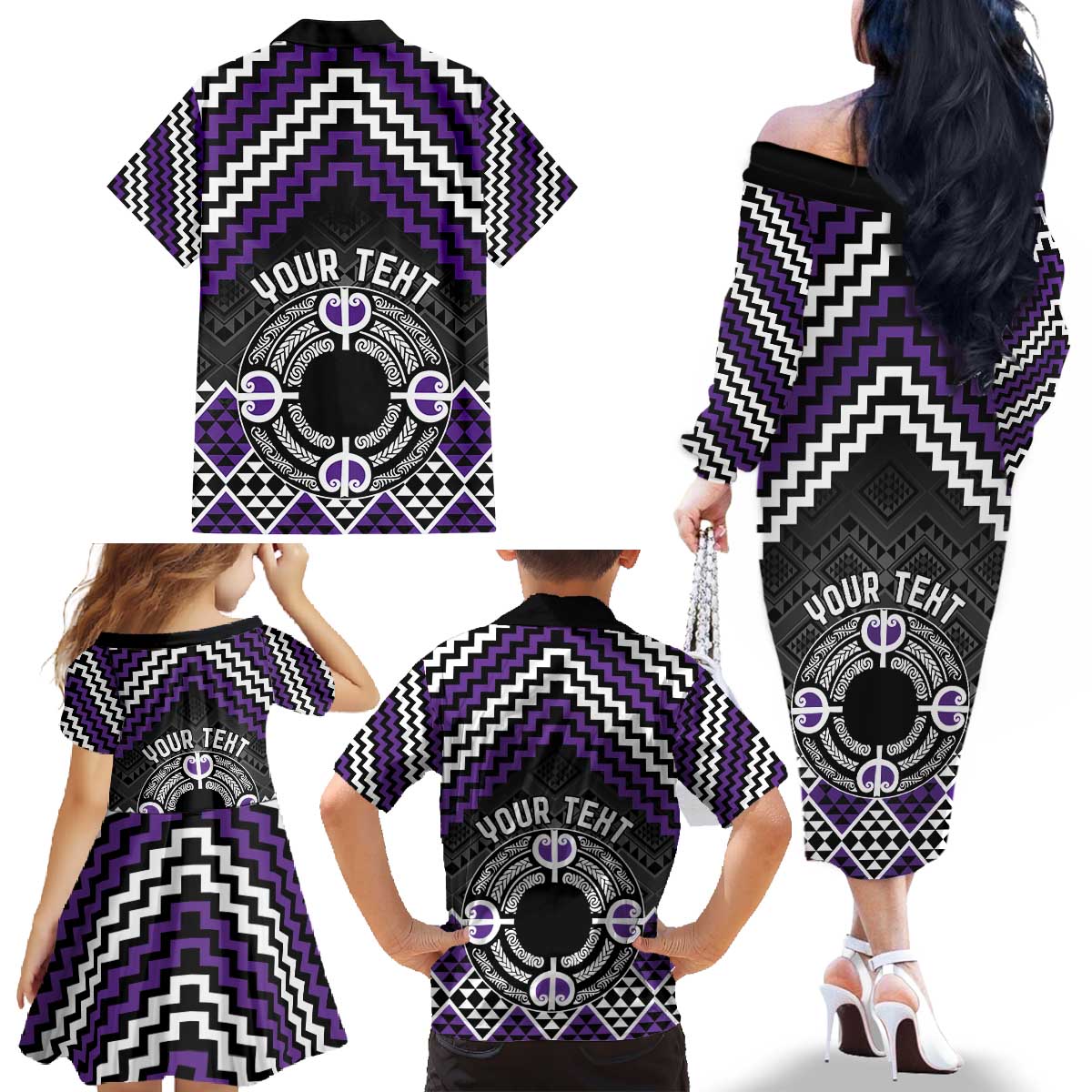 Personalised Aotearoa Niho Taniwha Motif Family Matching Off The Shoulder Long Sleeve Dress and Hawaiian Shirt Violet Style