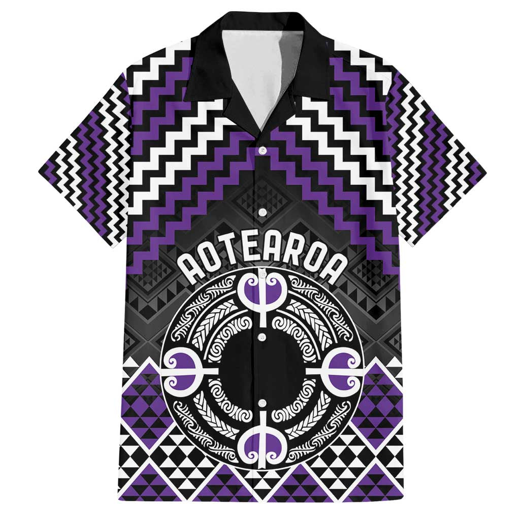 Personalised Aotearoa Niho Taniwha Motif Family Matching Off Shoulder Maxi Dress and Hawaiian Shirt Violet Style