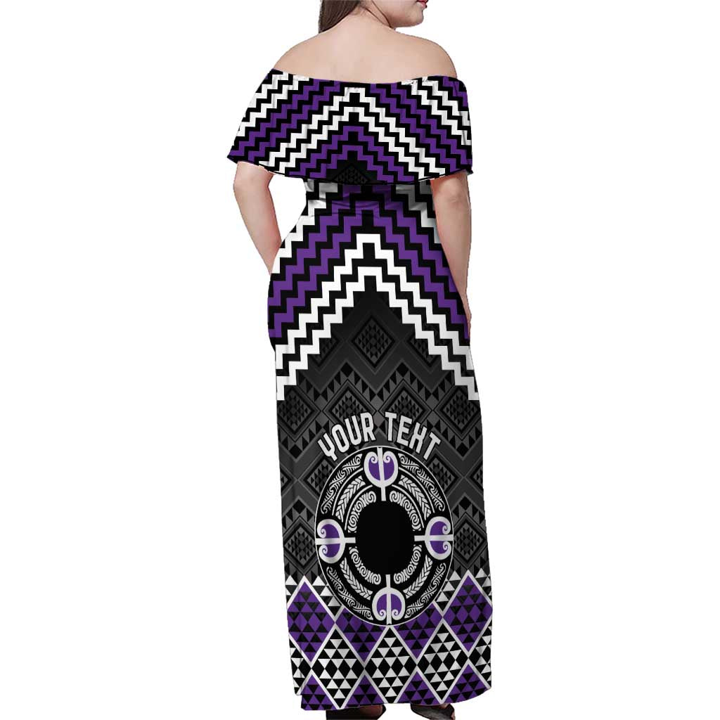 Personalised Aotearoa Niho Taniwha Motif Family Matching Off Shoulder Maxi Dress and Hawaiian Shirt Violet Style