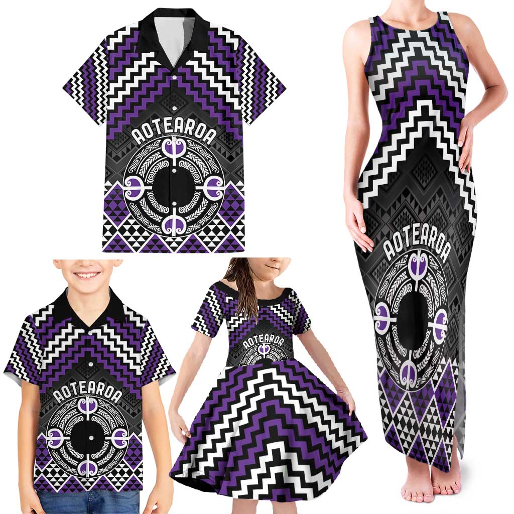 Personalised Aotearoa Niho Taniwha Motif Family Matching Tank Maxi Dress and Hawaiian Shirt Violet Style