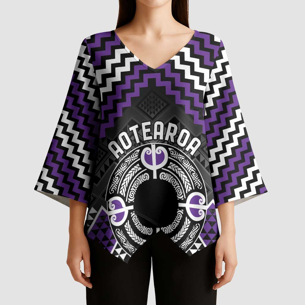 Personalised Aotearoa Niho Taniwha Motif Kimono Sleeve Blouse Violet Style - Polynesian Pride