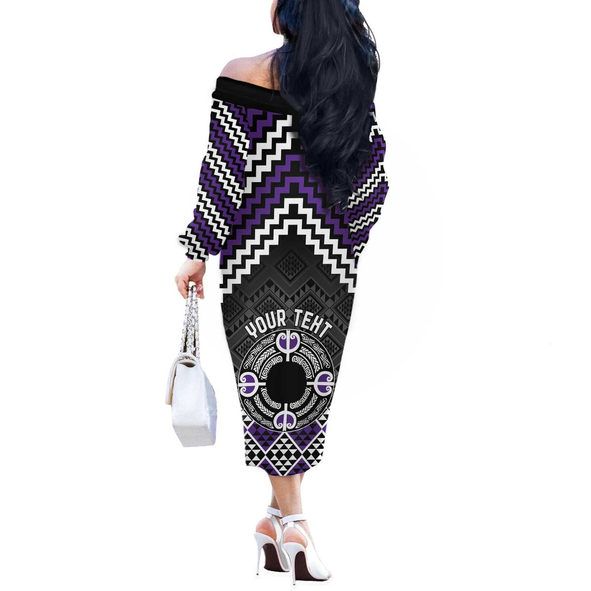 Personalised Aotearoa Niho Taniwha Motif Off The Shoulder Long Sleeve Dress Violet Style