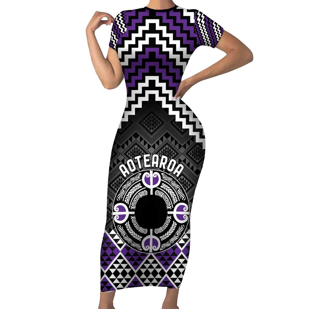 Personalised Aotearoa Niho Taniwha Motif Short Sleeve Bodycon Dress Violet Style