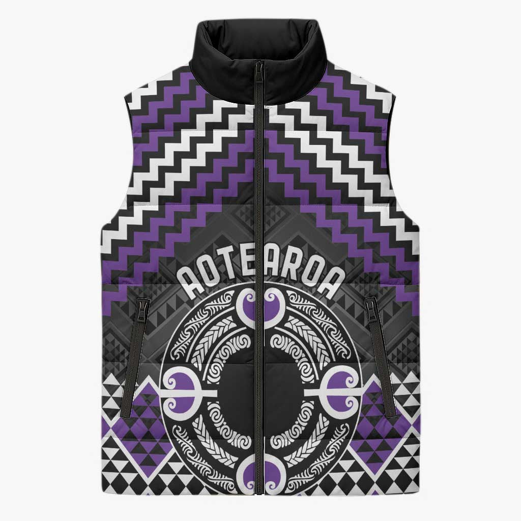 Personalised Aotearoa Niho Taniwha Motif Sleeveless Puffer Jacket Violet Style LT9 Unisex Violet - Polynesian Pride