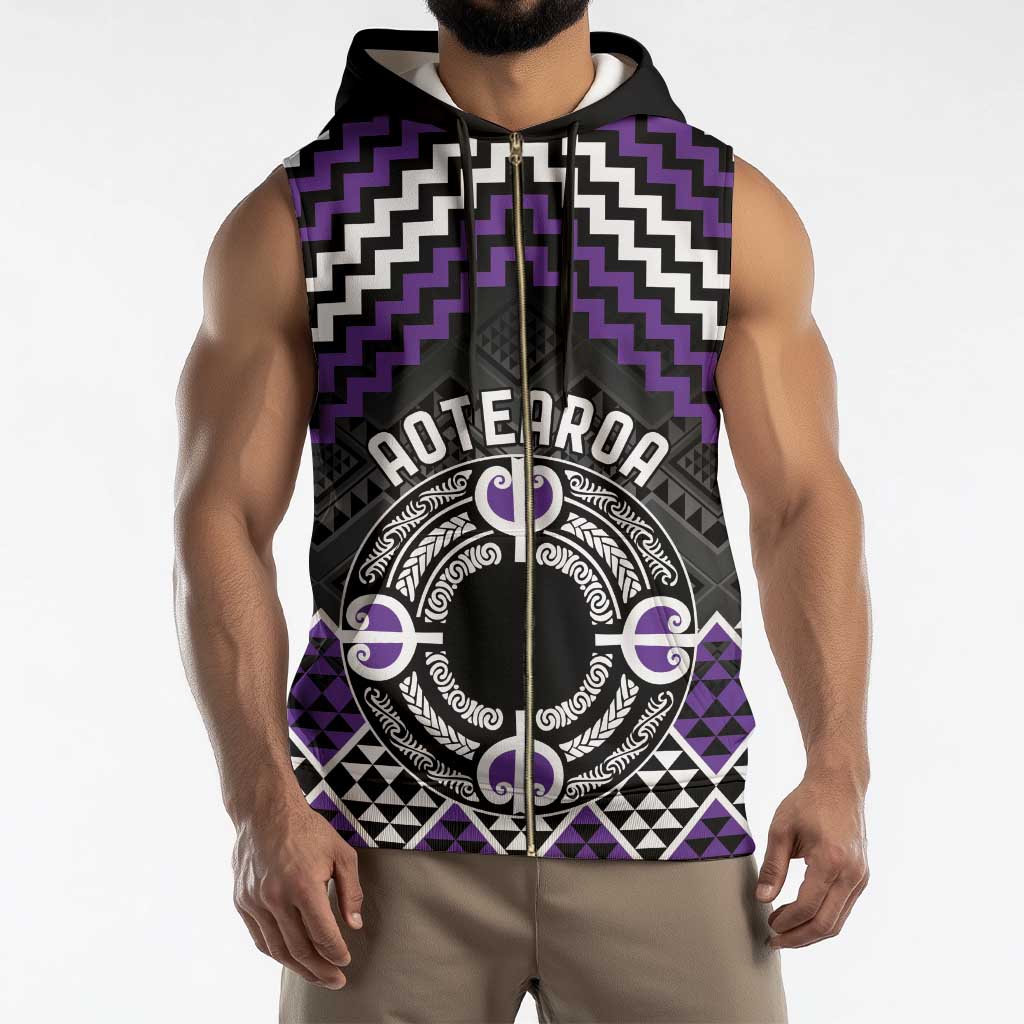Personalised Aotearoa Niho Taniwha Motif Sleeveless Zip Hoodie Violet Style - Polynesian Pride