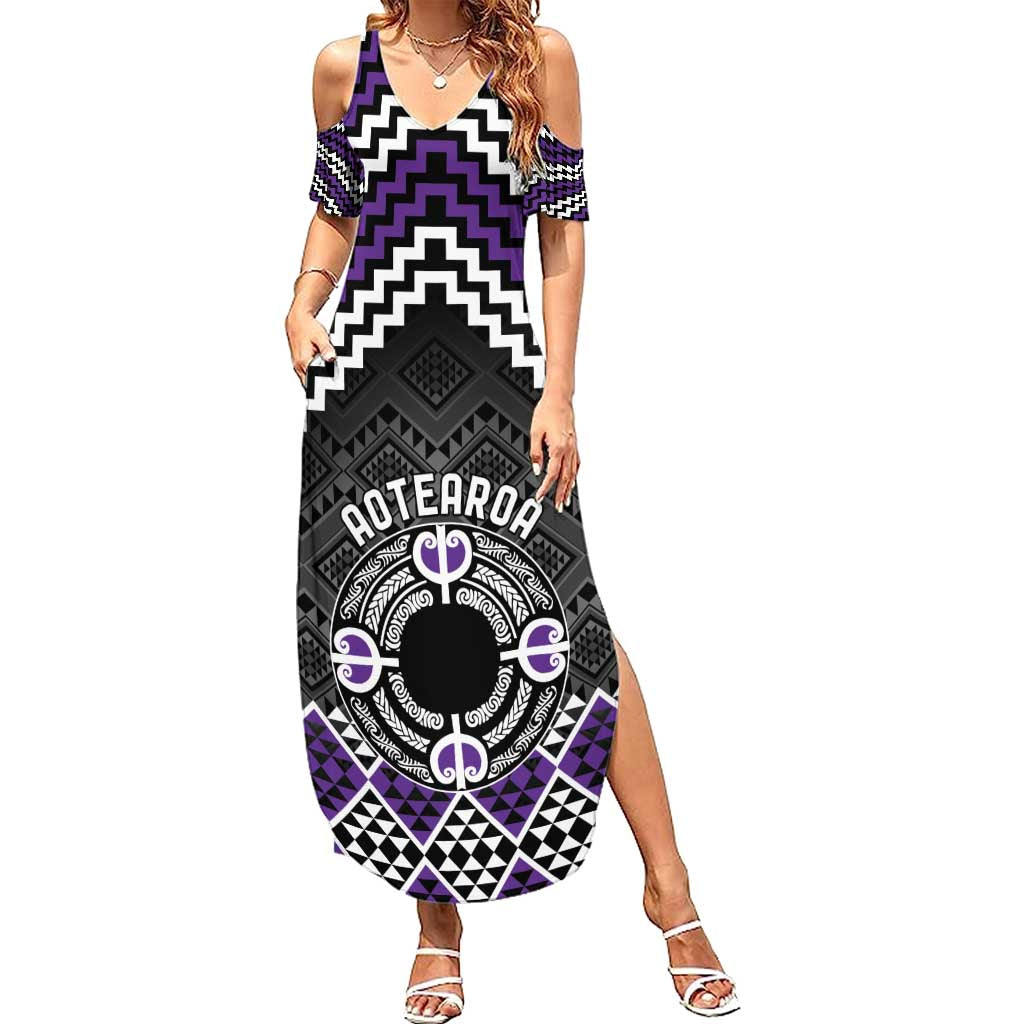 Personalised Aotearoa Niho Taniwha Motif Summer Maxi Dress Violet Style