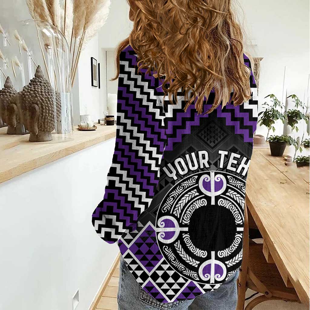 Personalised Aotearoa Niho Taniwha Motif Women Casual Shirt Violet Style LT9 - Polynesian Pride
