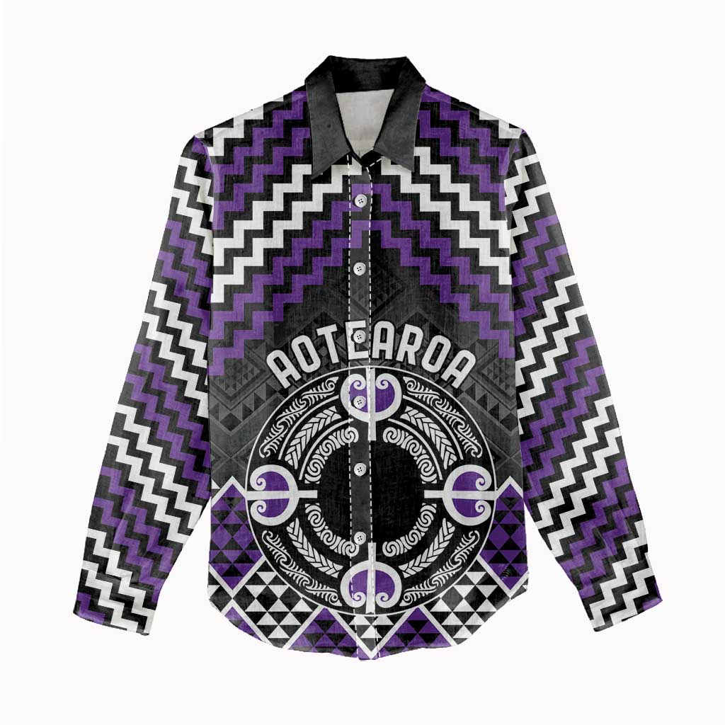 Personalised Aotearoa Niho Taniwha Motif Women Casual Shirt Violet Style LT9 - Polynesian Pride