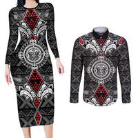 Black Aotearoa Tanilo Motif Couples Matching Long Sleeve Bodycon Dress and Long Sleeve Button Shirt Vintage Maori New Zealand Tribal Art Pattern LT9 Black - Polynesian Pride
