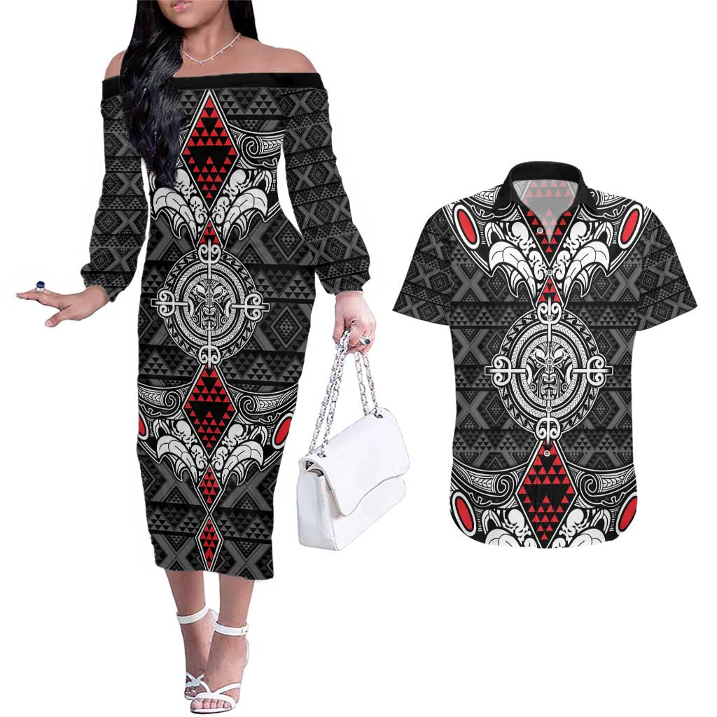 Black Aotearoa Tanilo Motif Couples Matching Off The Shoulder Long Sleeve Dress and Hawaiian Shirt Vintage Maori New Zealand Tribal Art Pattern