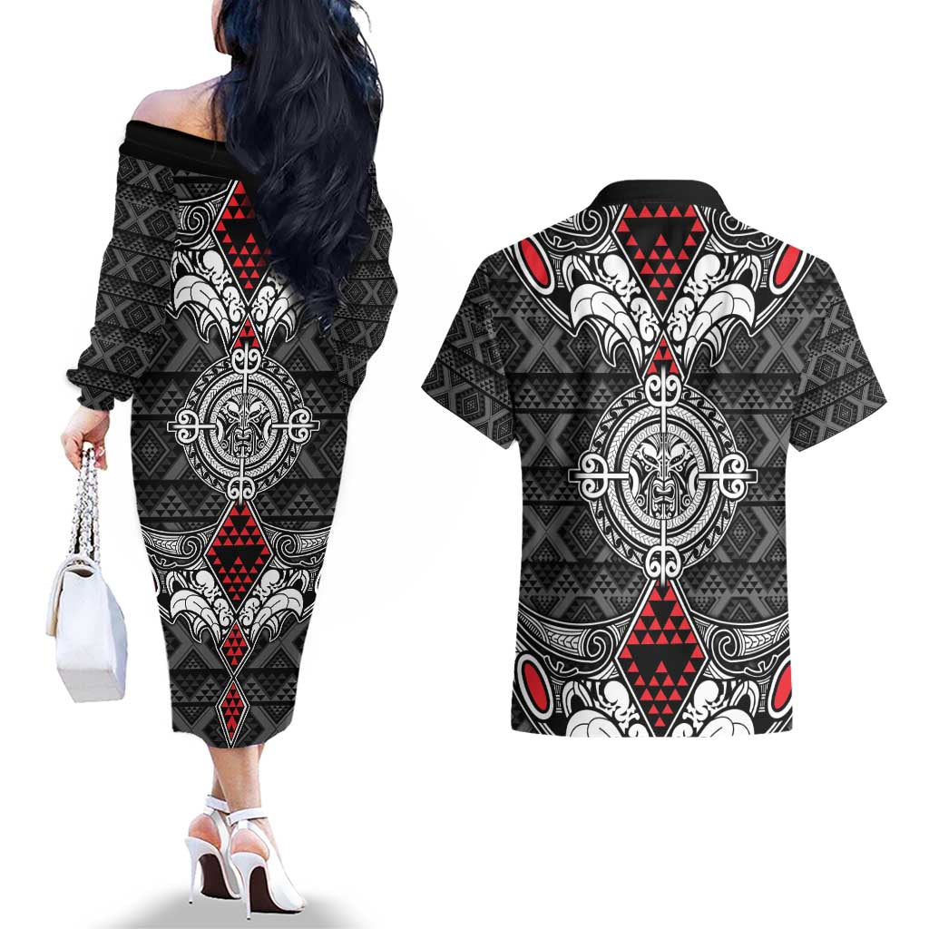 Black Aotearoa Tanilo Motif Couples Matching Off The Shoulder Long Sleeve Dress and Hawaiian Shirt Vintage Maori New Zealand Tribal Art Pattern