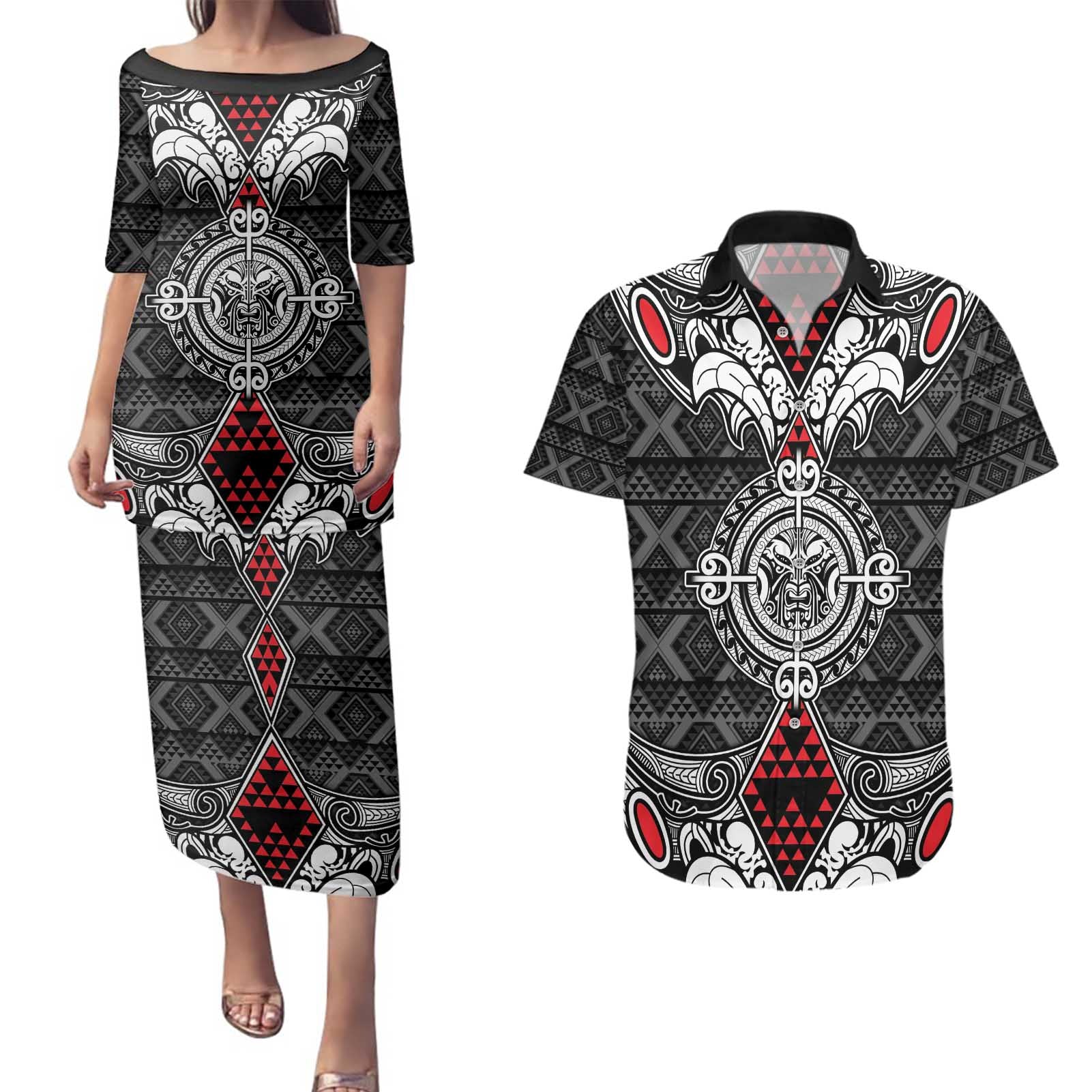 Black Aotearoa Tanilo Motif Couples Matching Puletasi and Hawaiian Shirt Vintage Maori New Zealand Tribal Art Pattern