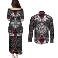 Black Aotearoa Tanilo Motif Couples Matching Puletasi and Long Sleeve Button Shirt Vintage Maori New Zealand Tribal Art Pattern LT9 - Polynesian Pride