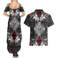 Black Aotearoa Tanilo Motif Couples Matching Summer Maxi Dress and Hawaiian Shirt Vintage Maori New Zealand Tribal Art Pattern