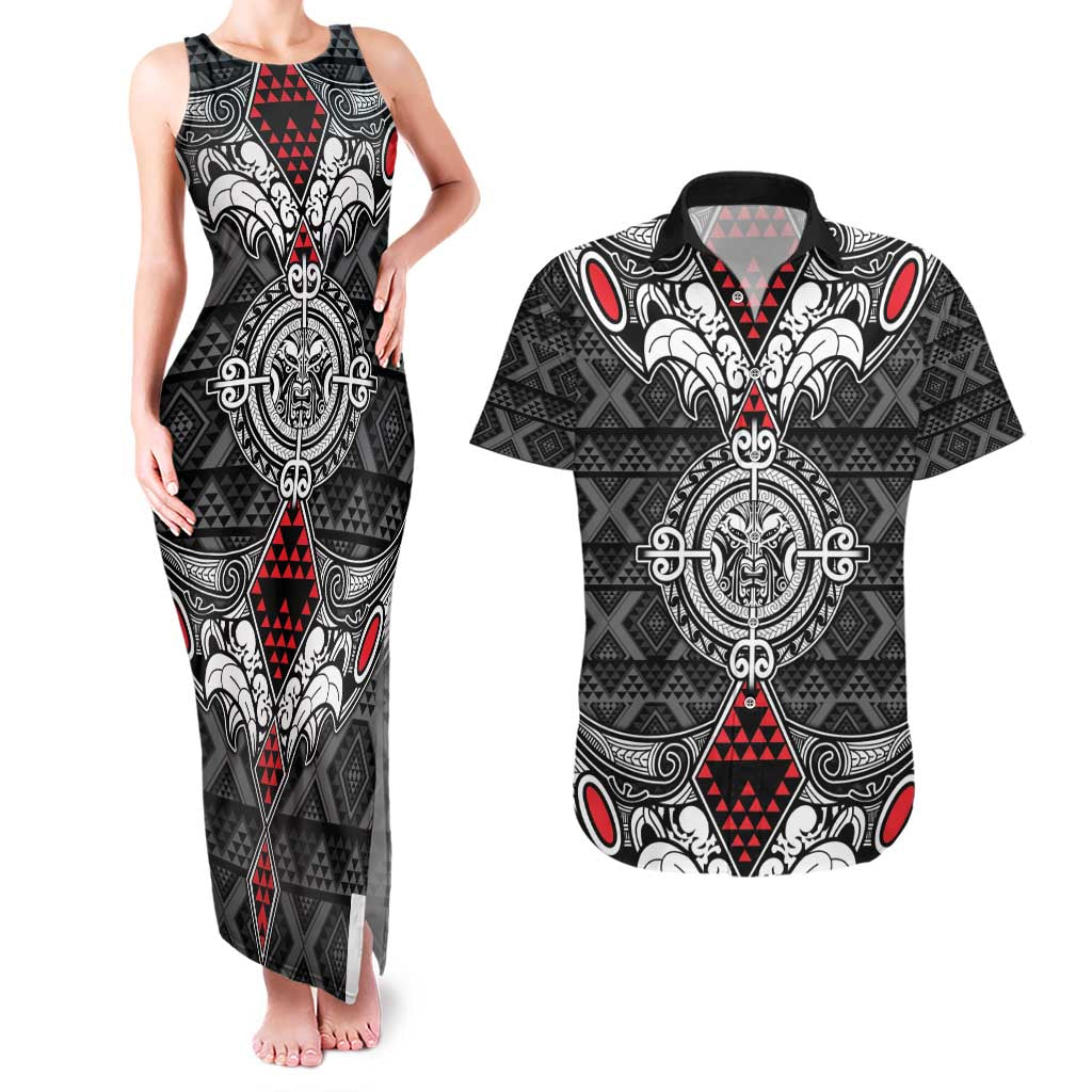 Black Aotearoa Tanilo Motif Couples Matching Tank Maxi Dress and Hawaiian Shirt Vintage Maori New Zealand Tribal Art Pattern