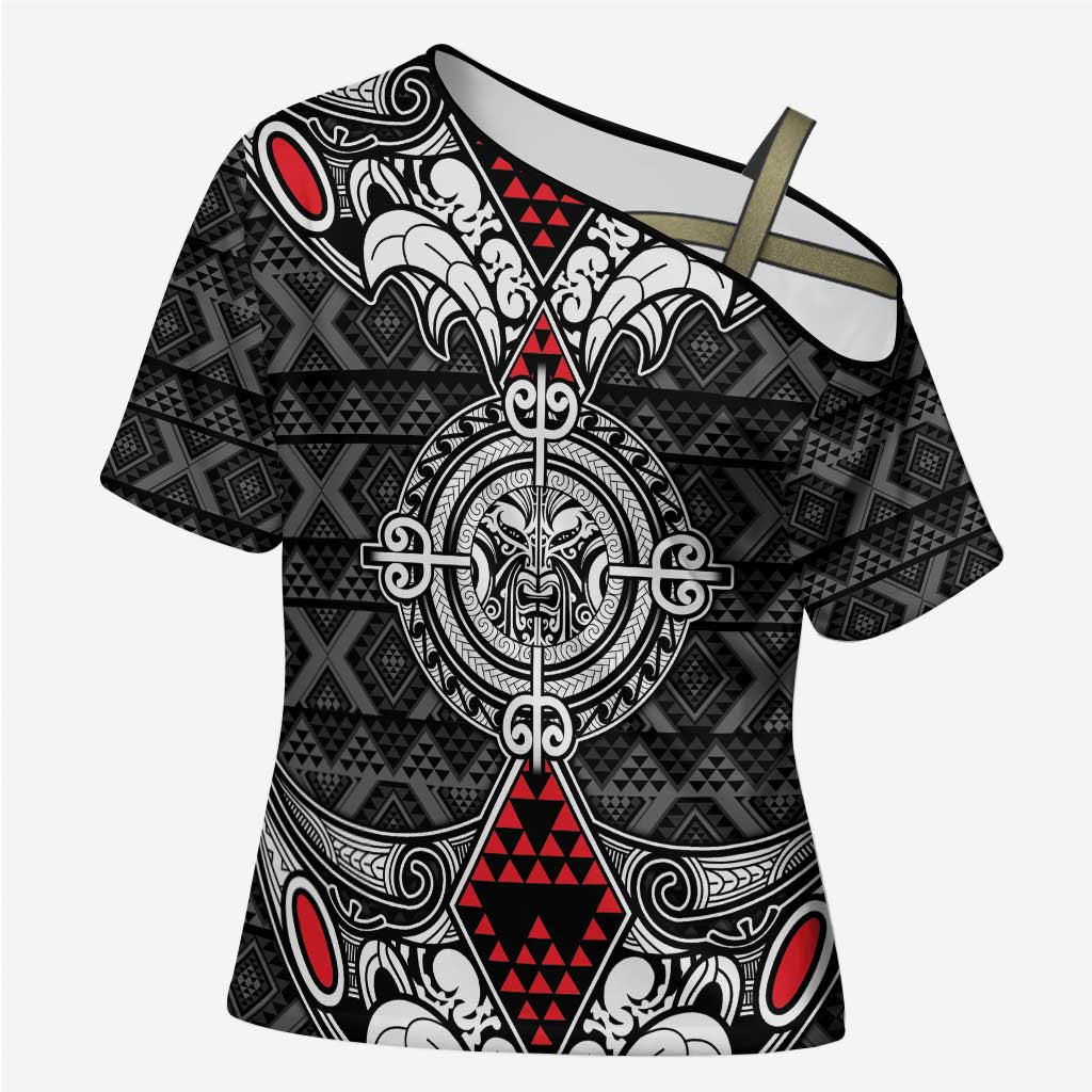 Black Aotearoa Taniko Motif Cross Shoulder Shirt Vintage Maori New Zealand Tribal Art Pattern LT9 Female Black - Polynesian Pride