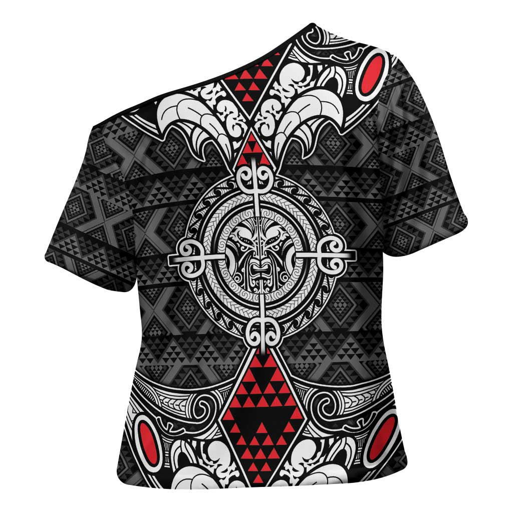 Black Aotearoa Taniko Motif Cross Shoulder Shirt Vintage Maori New Zealand Tribal Art Pattern LT9 - Polynesian Pride