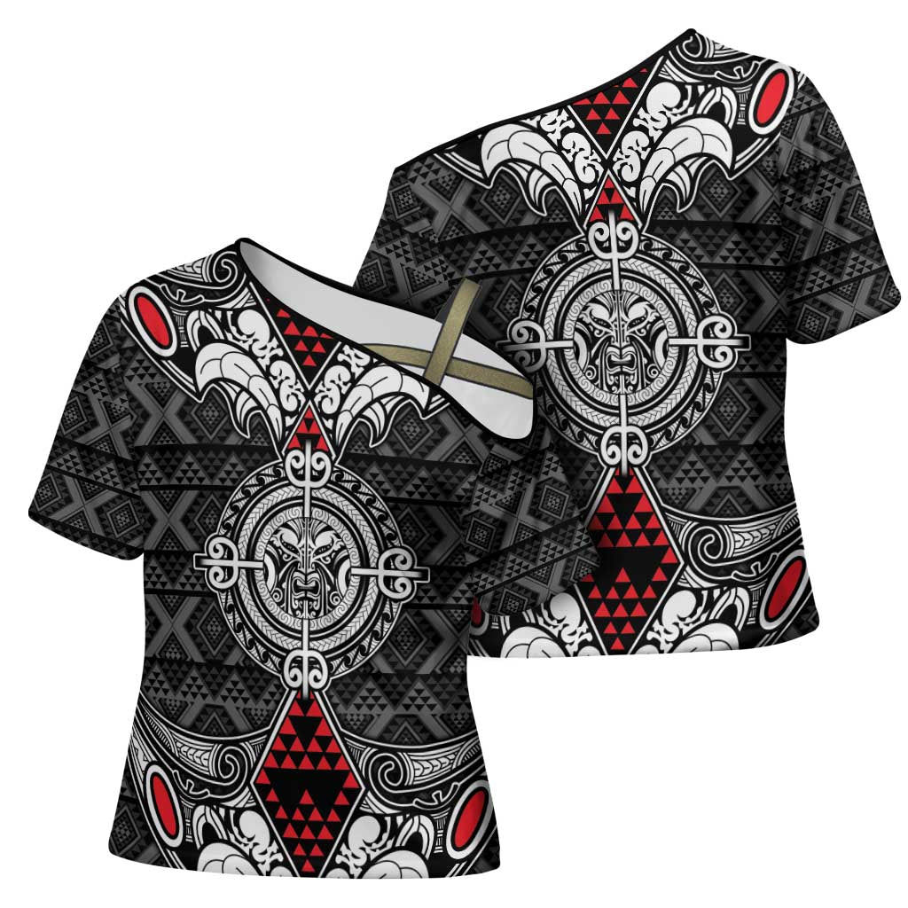 Black Aotearoa Taniko Motif Cross Shoulder Shirt Vintage Maori New Zealand Tribal Art Pattern LT9 - Polynesian Pride