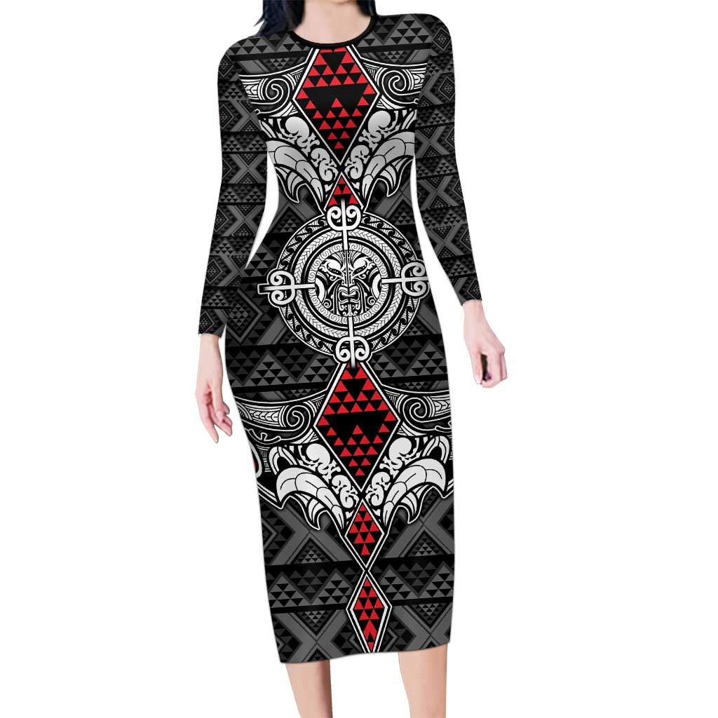 Black Aotearoa Tanilo Motif Family Matching Long Sleeve Bodycon Dress and Hawaiian Shirt Vintage Maori New Zealand Tribal Art Pattern