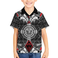 Black Aotearoa Tanilo Motif Family Matching Off The Shoulder Long Sleeve Dress and Hawaiian Shirt Vintage Maori New Zealand Tribal Art Pattern