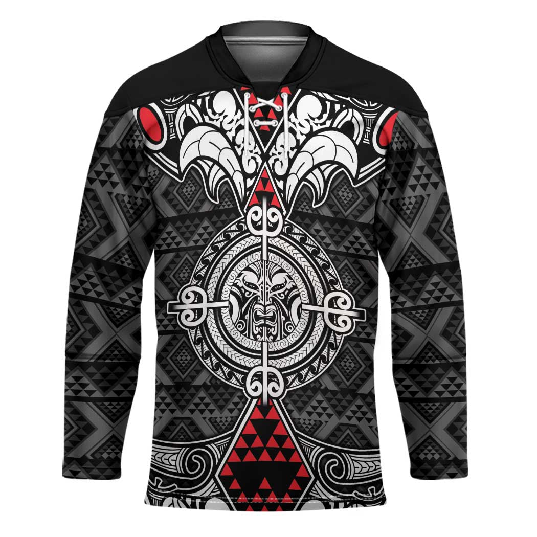 Black Aotearoa Taniko Motif Hockey Jersey Vintage Maori New Zealand Tribal Art Pattern LT9 Unisex Black - Polynesian Pride