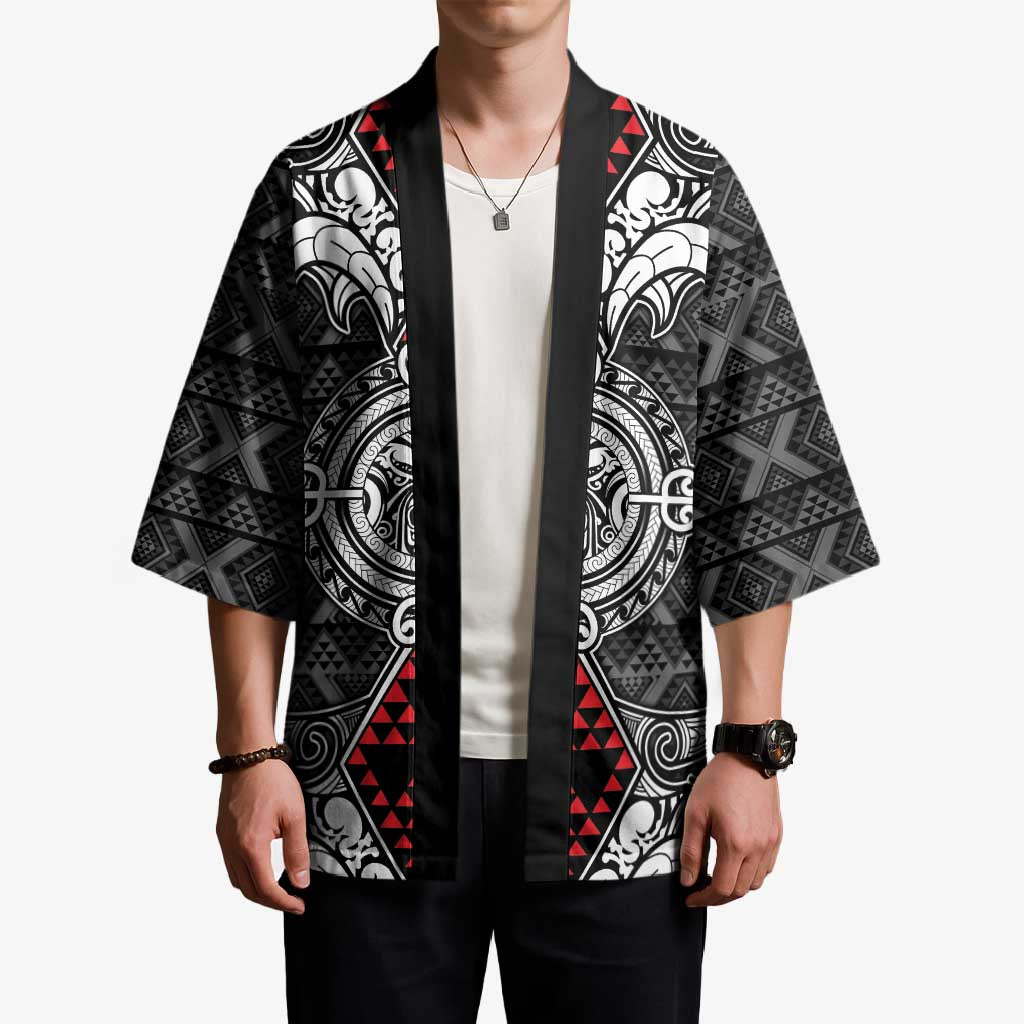 Black Aotearoa Taniko Motif Kimono Vintage Maori New Zealand Tribal Art Pattern - Polynesian Pride