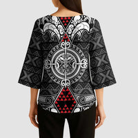 Black Aotearoa Taniko Motif Kimono Sleeve Blouse Vintage Maori New Zealand Tribal Art Pattern - Polynesian Pride
