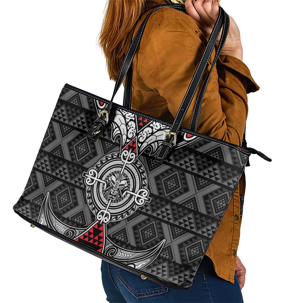 Black Aotearoa Taniko Motif Leather Tote Bag Vintage Maori New Zealand Tribal Art Pattern