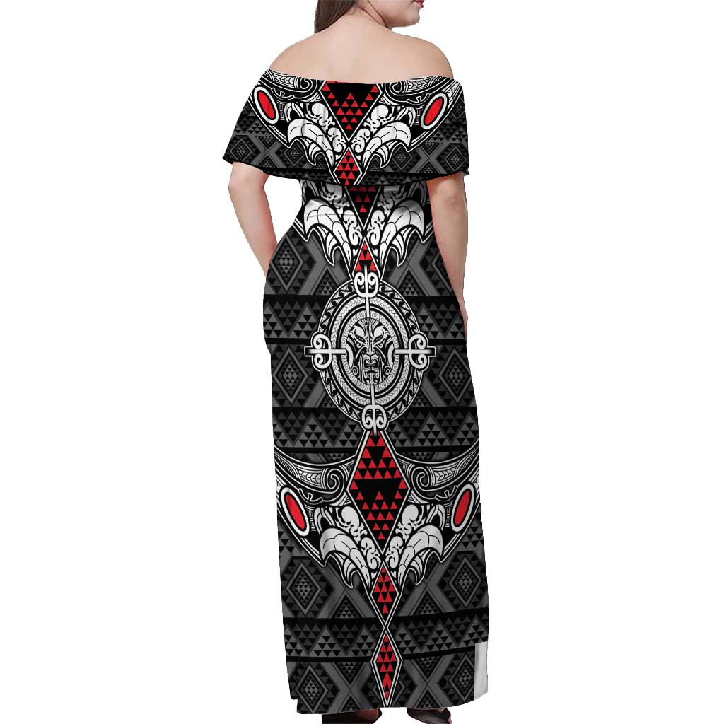 Black Aotearoa Tanilo Motif Off Shoulder Maxi Dress Vintage Maori New Zealand Tribal Art Pattern