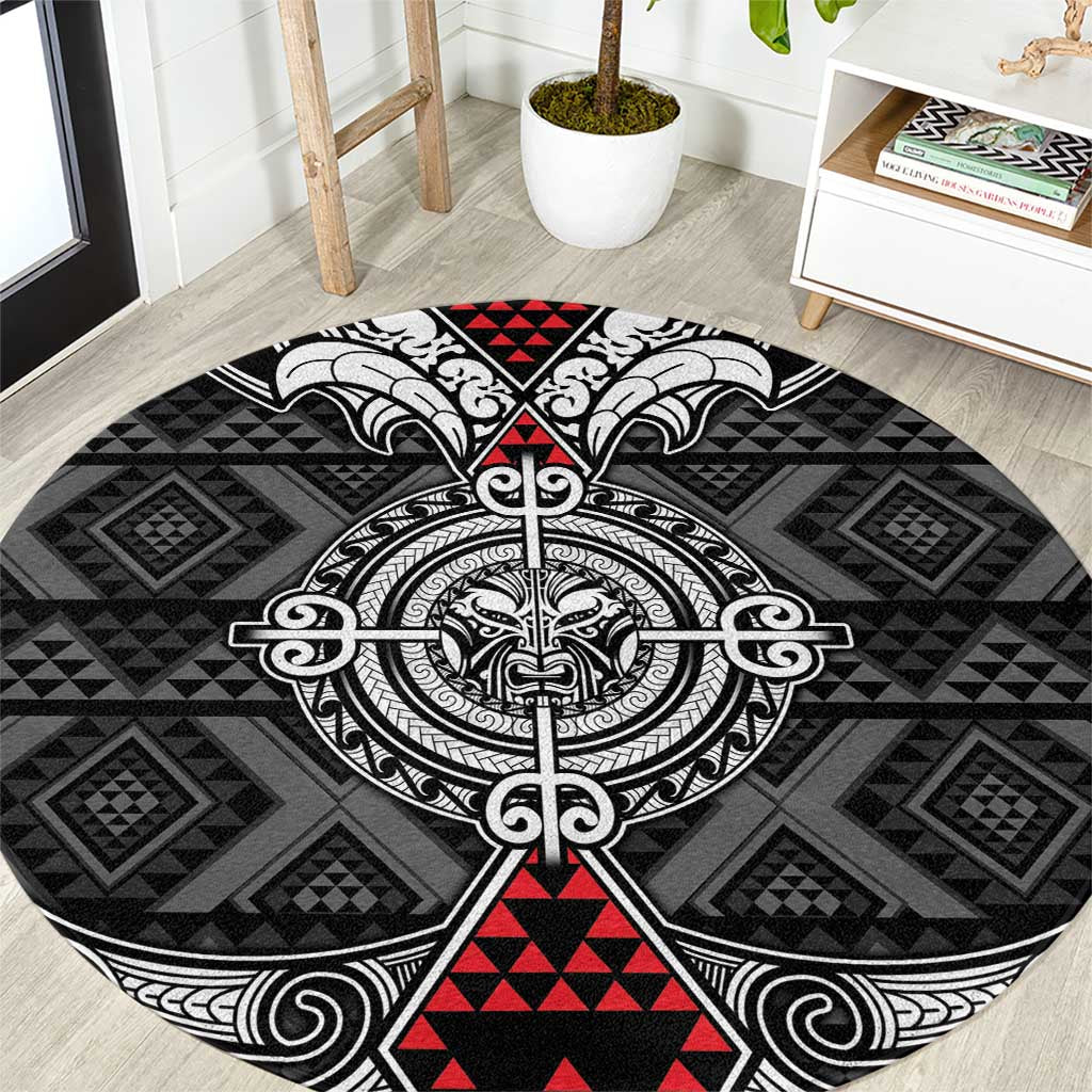 Black Aotearoa Taniko Motif Round Carpet Vintage Maori New Zealand Tribal Art Pattern