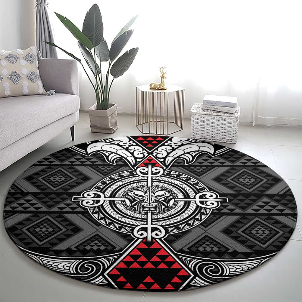 Black Aotearoa Taniko Motif Round Carpet Vintage Maori New Zealand Tribal Art Pattern
