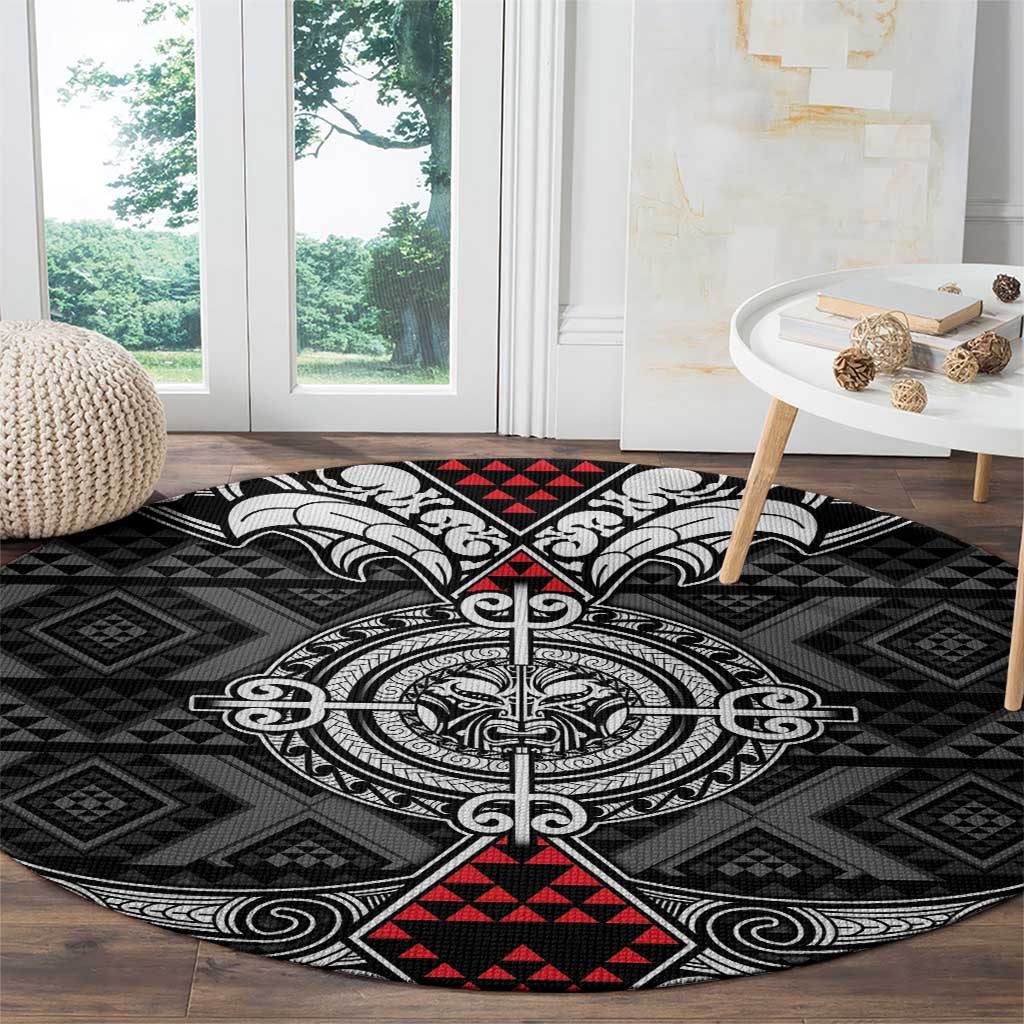 Black Aotearoa Taniko Motif Round Carpet Vintage Maori New Zealand Tribal Art Pattern