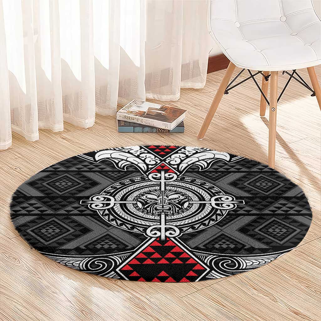 Black Aotearoa Taniko Motif Round Carpet Vintage Maori New Zealand Tribal Art Pattern