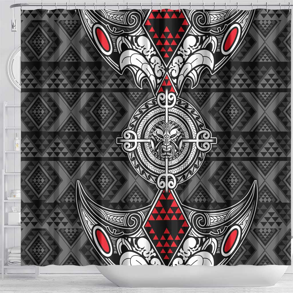 Black Aotearoa Taniko Motif Shower Curtain Vintage Maori New Zealand Tribal Art Pattern
