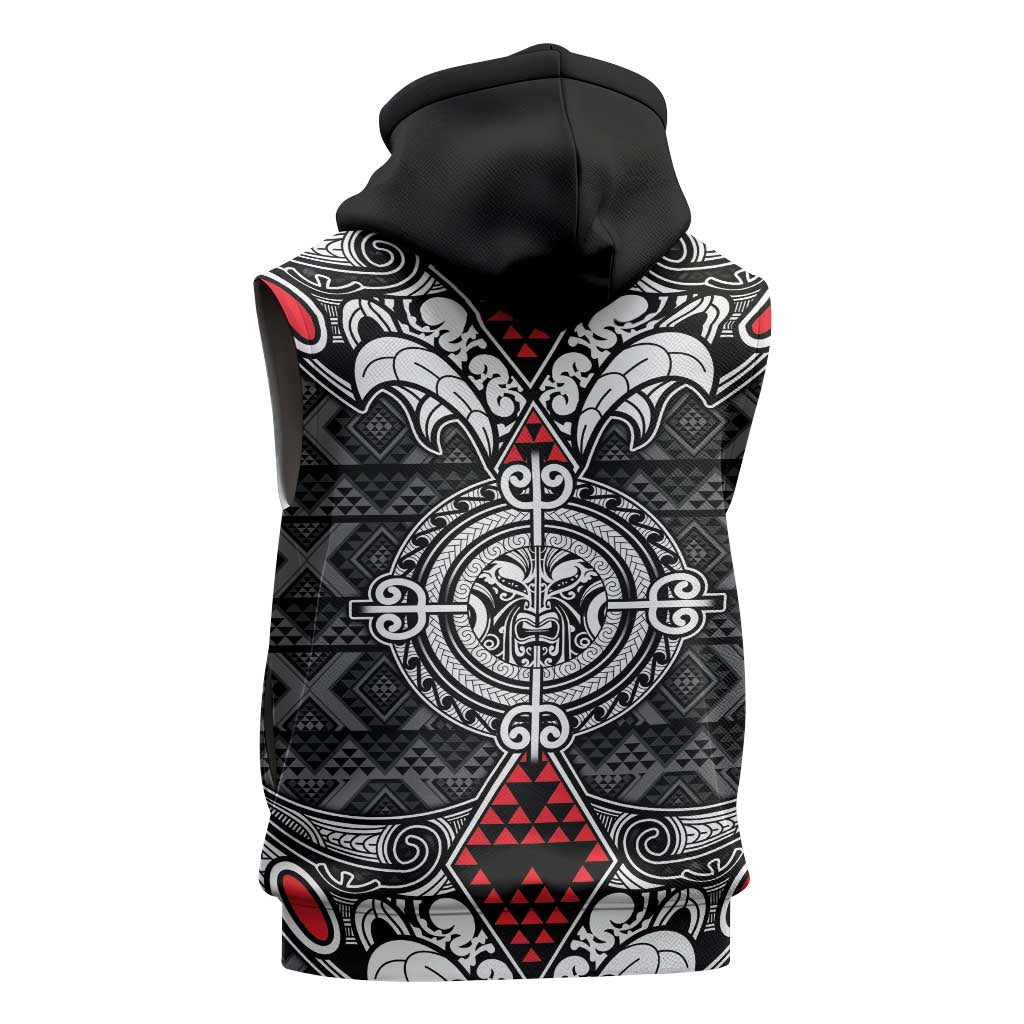 Black Aotearoa Taniko Motif Sleeveless Hoodie Vintage Maori New Zealand Tribal Art Pattern LT9 - Polynesian Pride