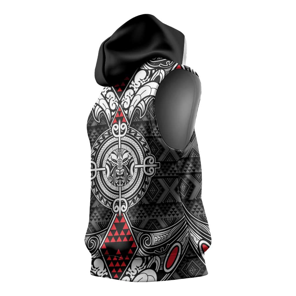 Black Aotearoa Taniko Motif Sleeveless Hoodie Vintage Maori New Zealand Tribal Art Pattern LT9 - Polynesian Pride