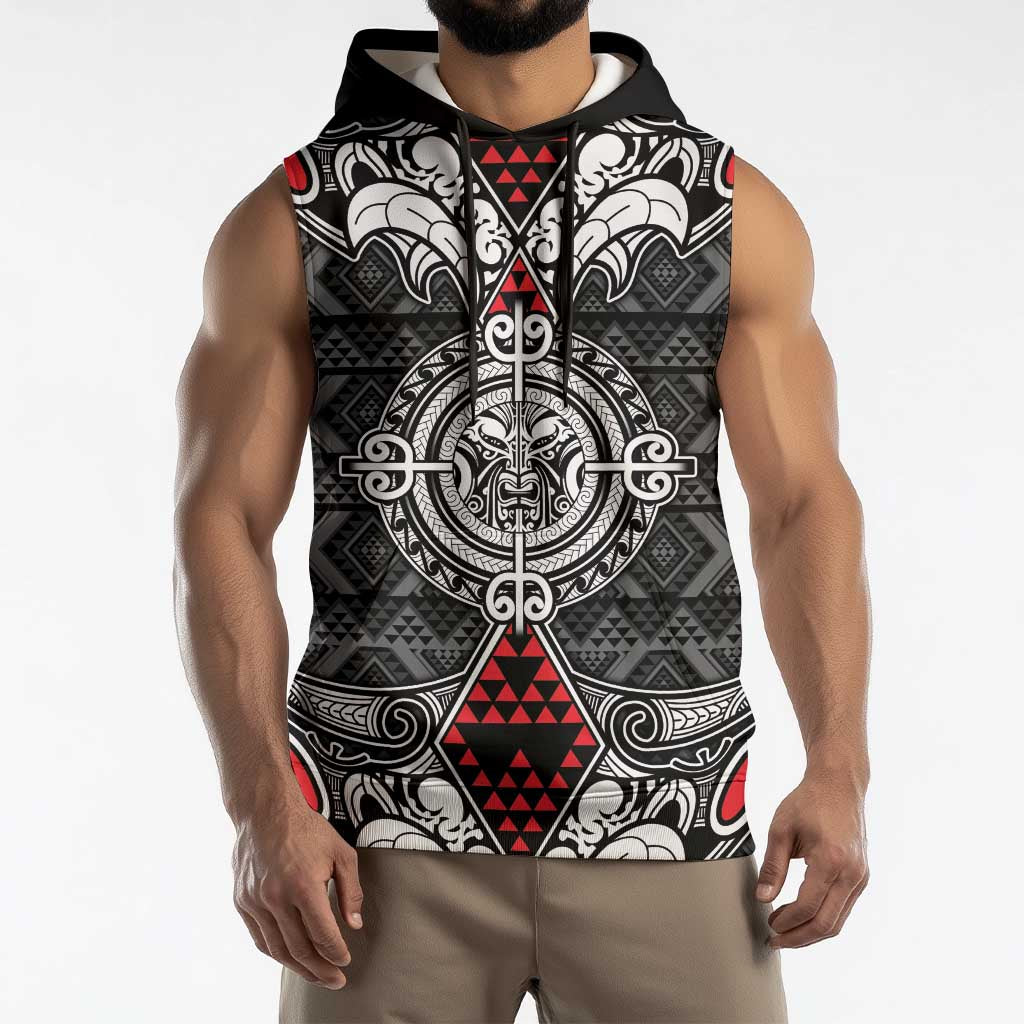 Black Aotearoa Taniko Motif Sleeveless Hoodie Vintage Maori New Zealand Tribal Art Pattern LT9 - Polynesian Pride