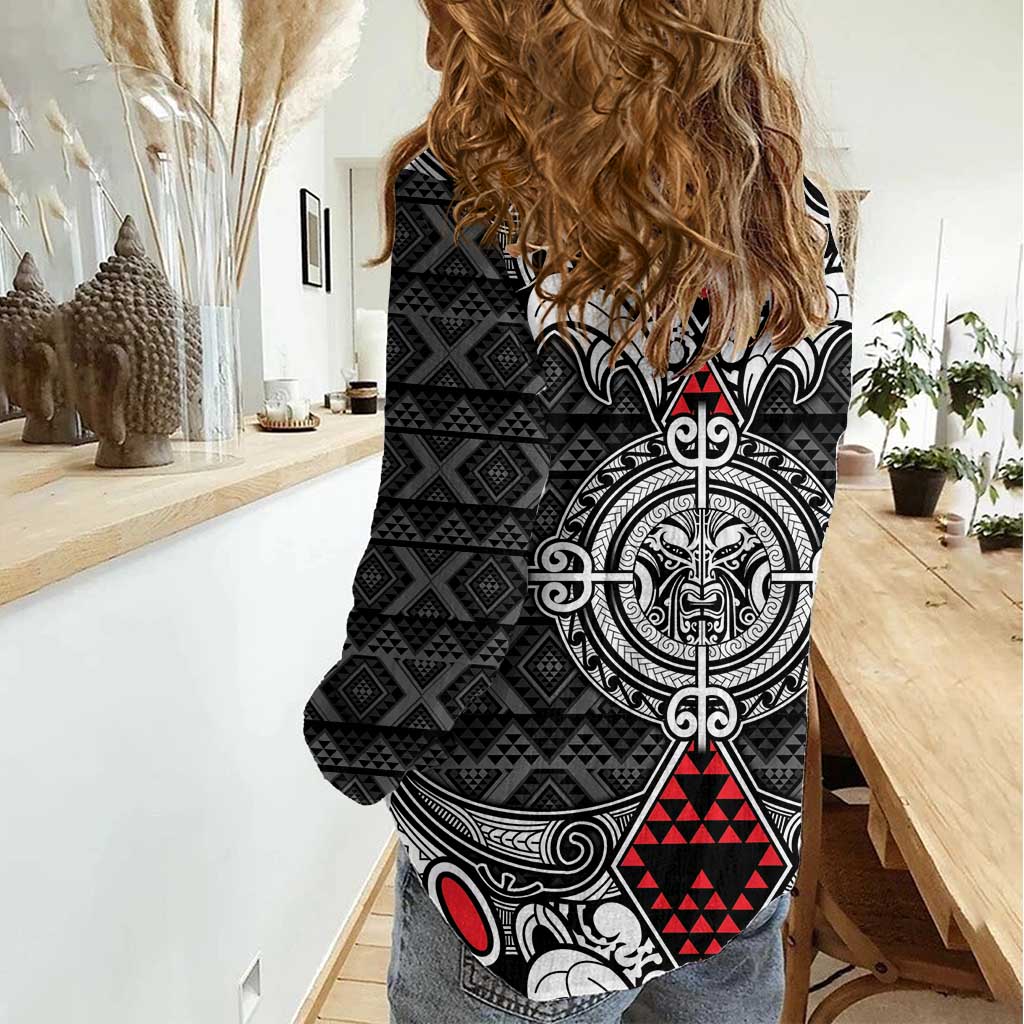 Black Aotearoa Tanilo Motif Women Casual Shirt Vintage Maori New Zealand Tribal Art Pattern